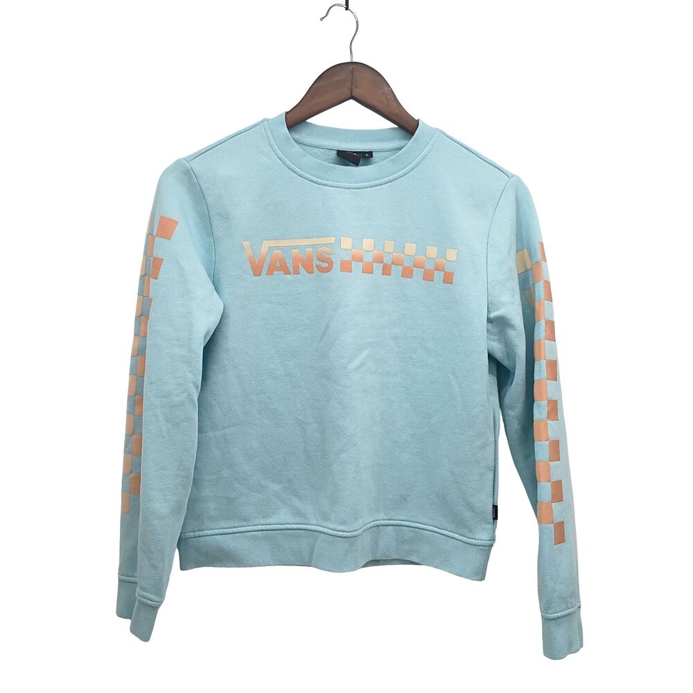 Vans Girls Crew Sweatshirt XL 14-16 Light Blue Checkerboard Sleeve Gradient Logo